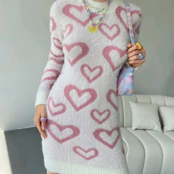 Heart Pattern Mock Neck Fluffy Soft Knit Sweater Dress - Picture 5 of 7